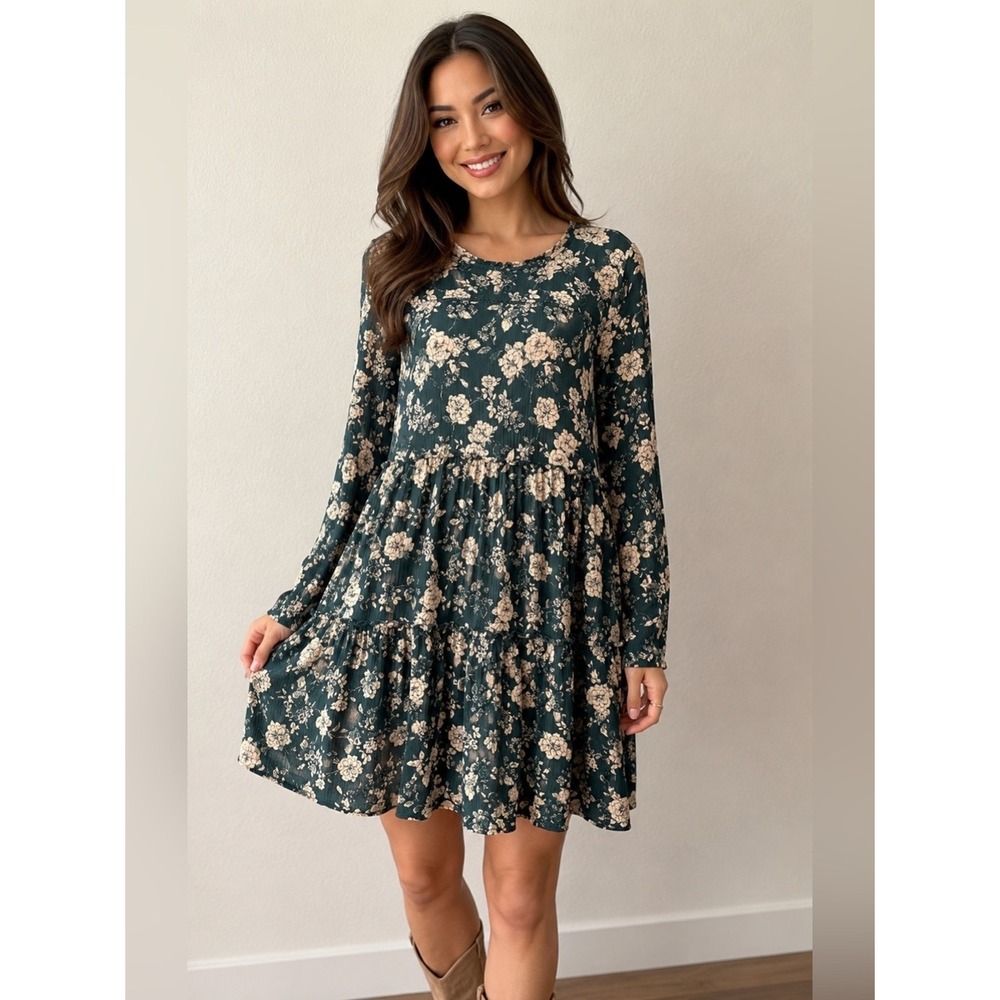 Knox Rose Green Floral Tiered Mini Dress Long Sleeve XS Boho Cottagecore